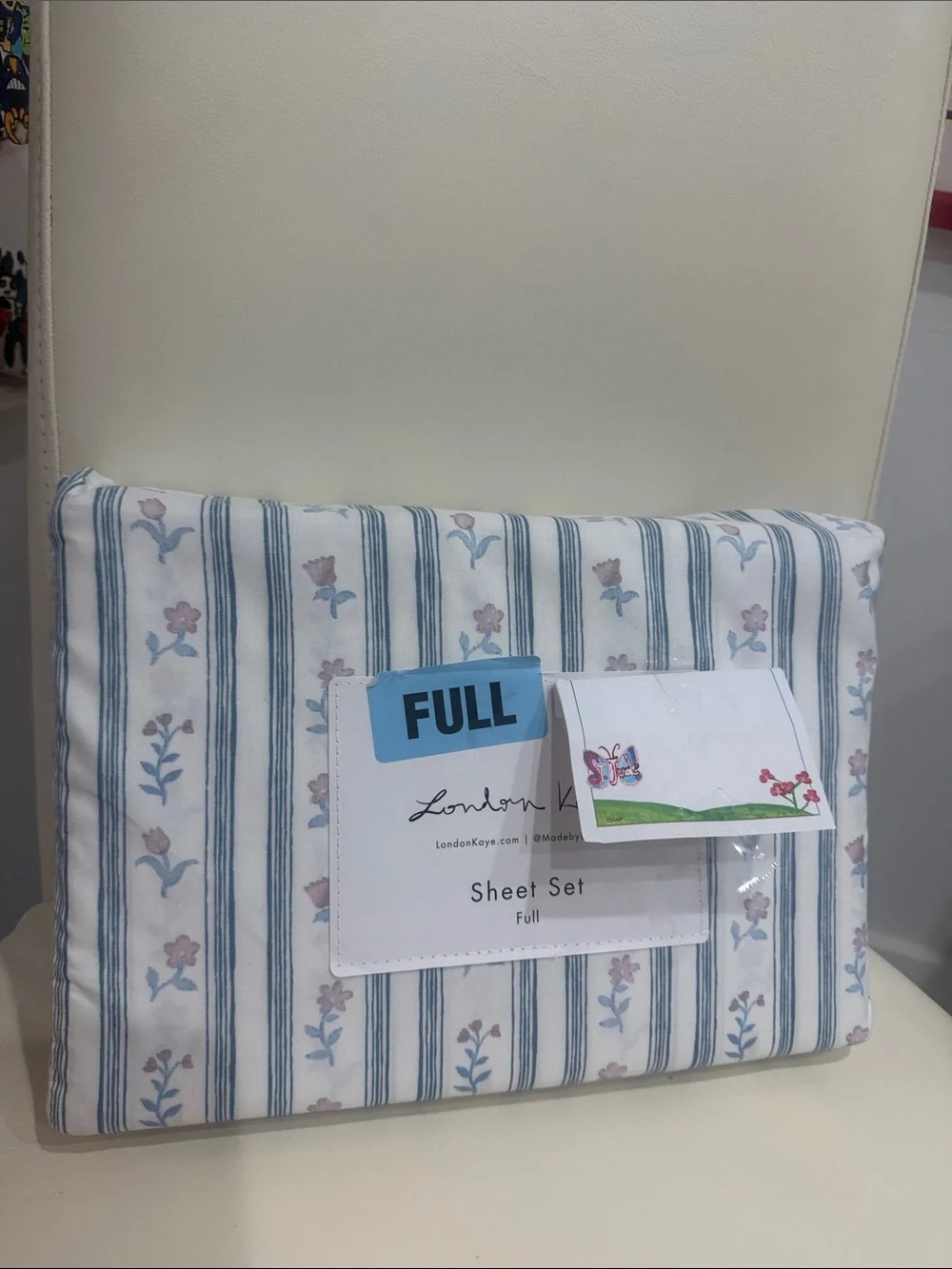 London Kaye Full Floral Stripe Sheet Set in Blue/Pink and White